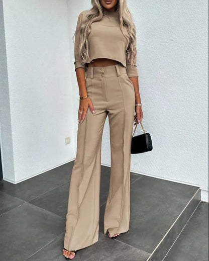 Elegant Women's Set 2024: Turtleneck Top with Pockets and Micro Flare Pants