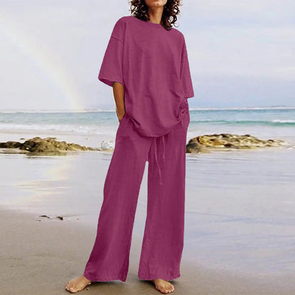 Summer 2024 Women's Set: Black O-Neck Blouse and Long Pants