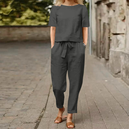 Retro Women's Set: Loose Top and Wide Pants in Cotton and Linen