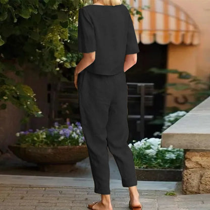 Retro Women's Set: Loose Top and Wide Pants in Cotton and Linen