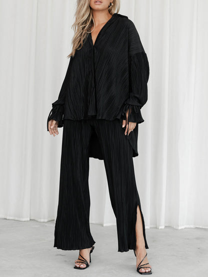 Wsevypo Women's Set: Long Sleeve Shirt and Pleated Straight Pants