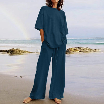 Summer 2024 Women's Set: Black O-Neck Blouse and Long Pants