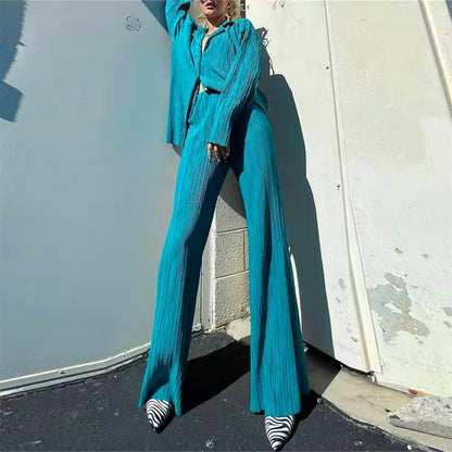 Wsevypo Women's Set: Long Sleeve Pleated Shirt and Straight Pants