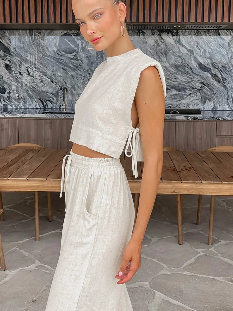 Women's Linen Set: Cropped Top and Pants - Summer