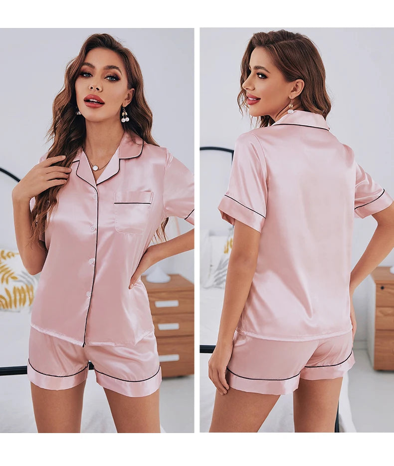 Women's Satin Silk Pajamas Set - Two Pieces with Short Sleeves and Buttons