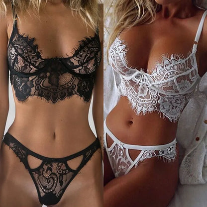 Erotic Sexy Bras Women Bodysuit - Transparent Sexy Mesh Lace Steel Ring Bra Thongs Underwire Lingerie Set