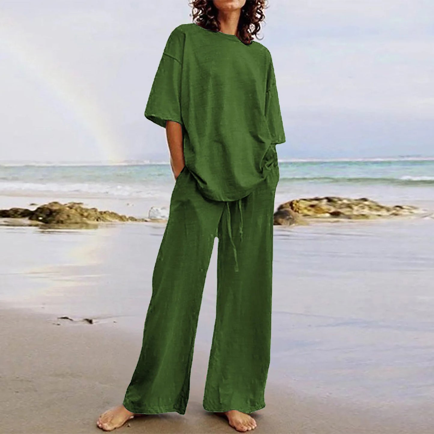 Summer 2024 Women's Set: Black O-Neck Blouse and Long Pants