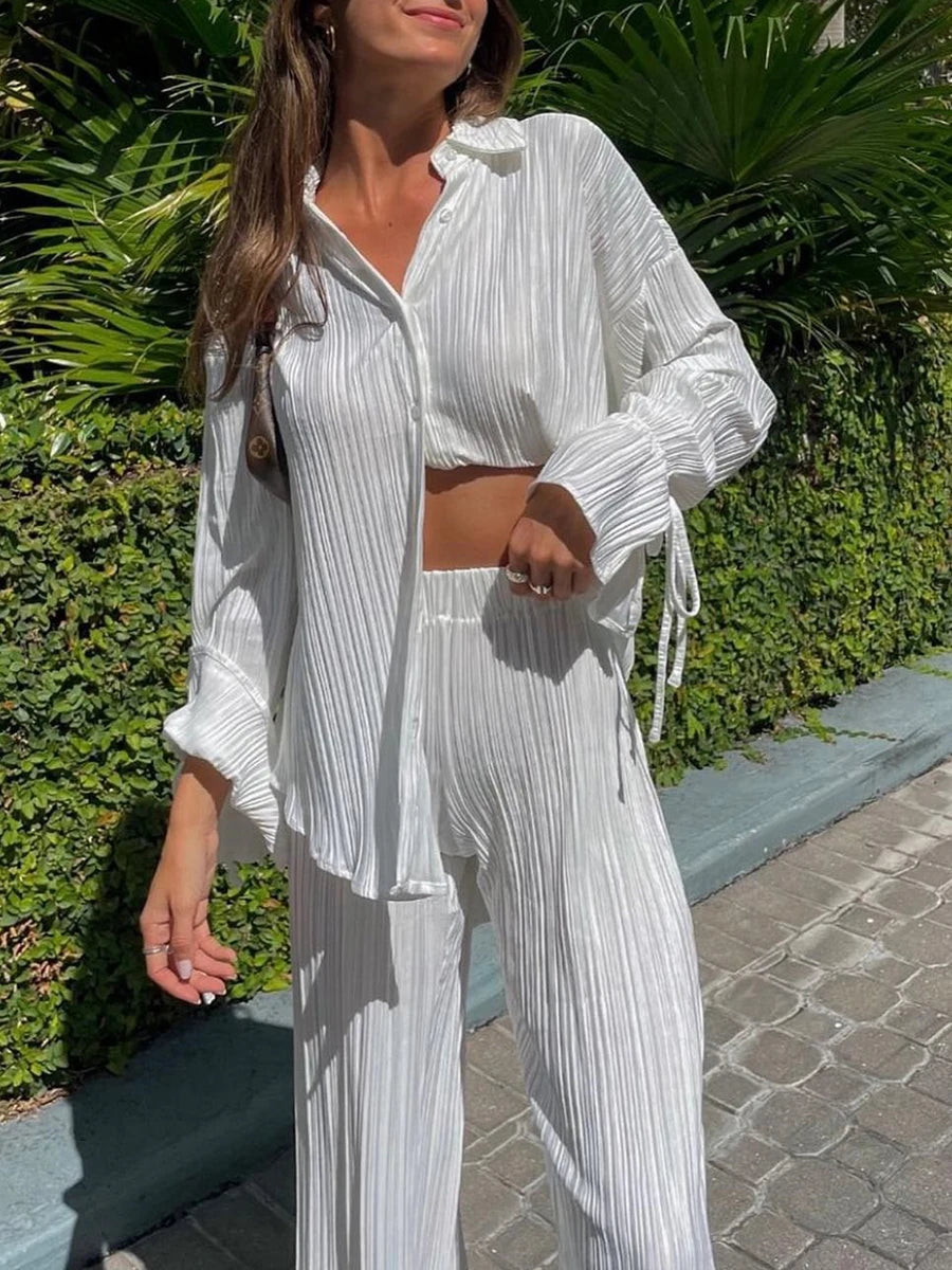 Wsevypo Women's Set: Long Sleeve Shirt and Pleated Straight Pants