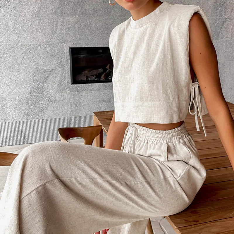 Women's Linen Set: Cropped Top and Pants - Summer