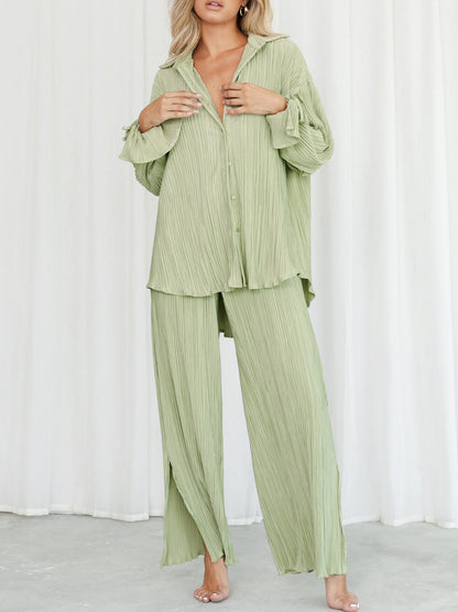 Wsevypo Women's Set: Long Sleeve Shirt and Pleated Straight Pants