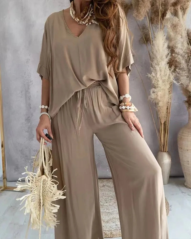 Women's Summer Set: V-Neck Blouse and Wide Pants