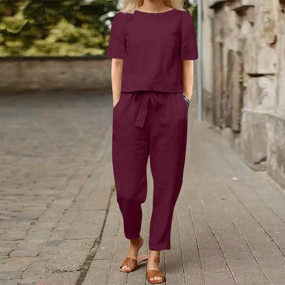 Retro Women's Set: Loose Top and Wide Pants in Cotton and Linen