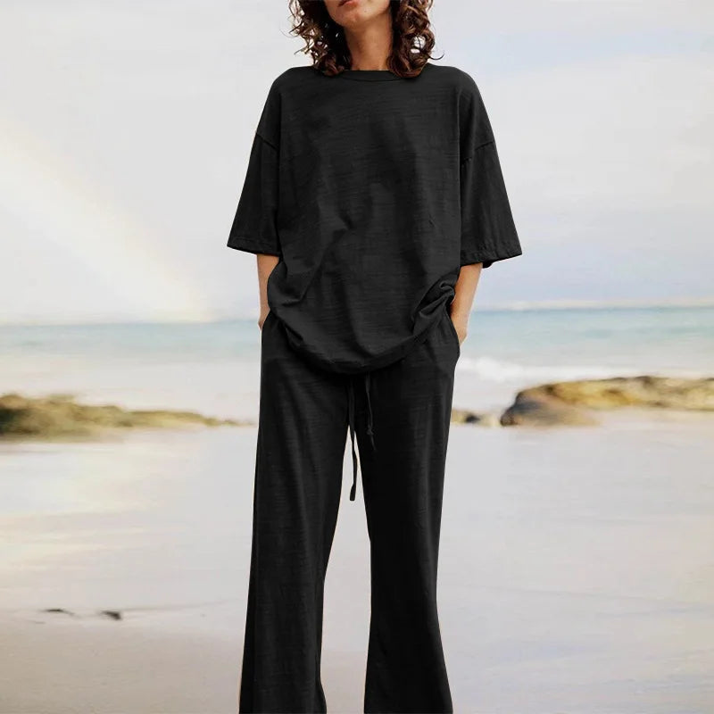 Summer 2024 Women's Set: Black O-Neck Blouse and Long Pants