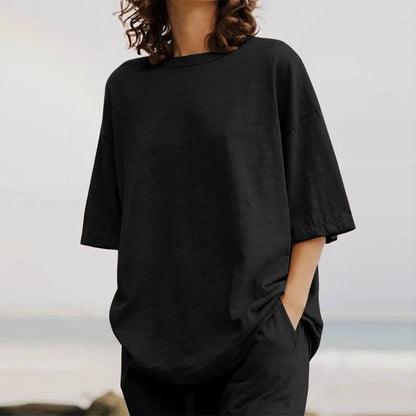 Summer 2024 Women's Set: Black O-Neck Blouse and Long Pants