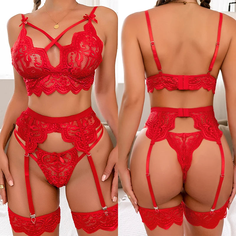 Women's Transparent Lingerie Set with Hollow Details - Three Pieces