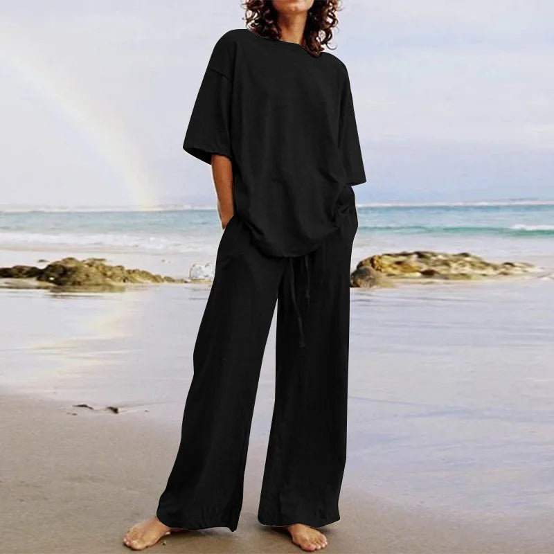 Summer 2024 Women's Set: Black O-Neck Blouse and Long Pants