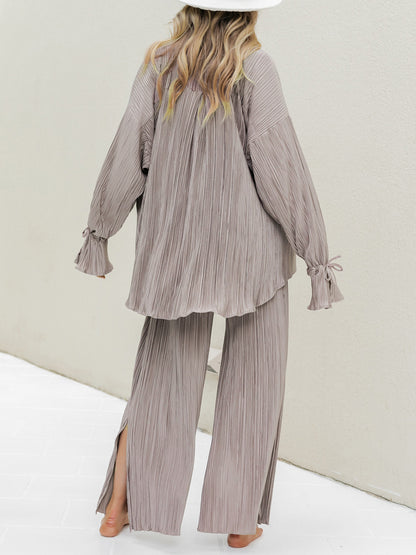 Wsevypo Women's Set: Long Sleeve Shirt and Pleated Straight Pants