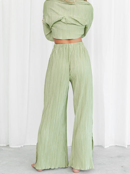 Wsevypo Women's Set: Long Sleeve Shirt and Pleated Straight Pants