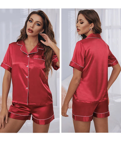 Women's Satin Silk Pajamas Set - Two Pieces with Short Sleeves and Buttons