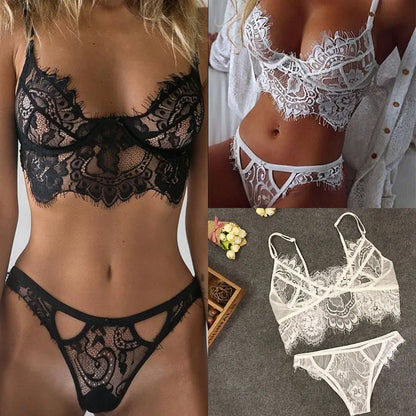 Erotic Sexy Bras Women Bodysuit - Transparent Sexy Mesh Lace Steel Ring Bra Thongs Underwire Lingerie Set