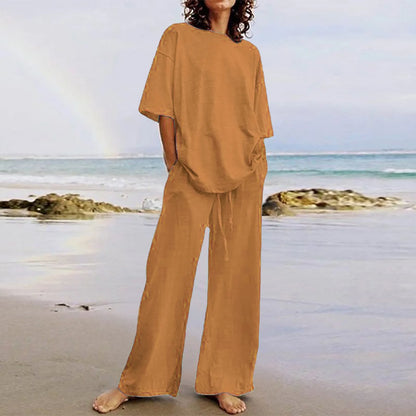 Summer 2024 Women's Set: Black O-Neck Blouse and Long Pants