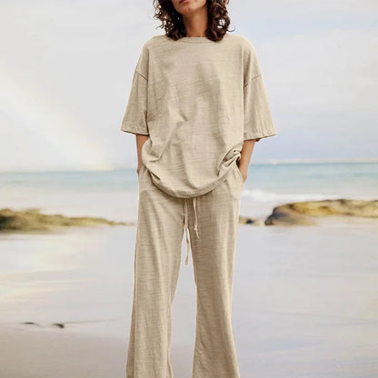 Summer 2024 Women's Set: Black O-Neck Blouse and Long Pants