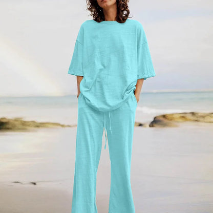 Summer 2024 Women's Set: Black O-Neck Blouse and Long Pants