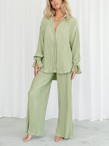 Wsevypo Women's Set: Long Sleeve Shirt and Pleated Straight Pants